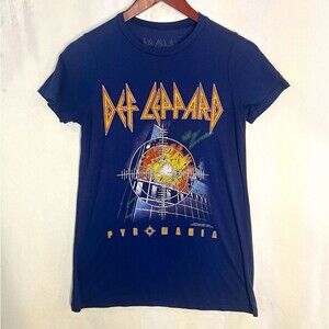 Def Leppard Women’s T-Shirt Pyromania Graphic Blue Crew Neck Short Sleeve Size S